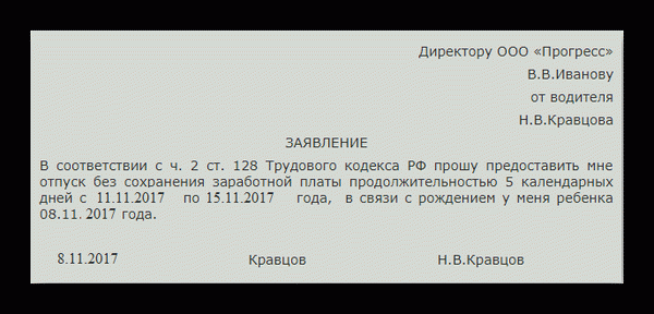 Образец заявления на отпуск без сохранения заработной платы